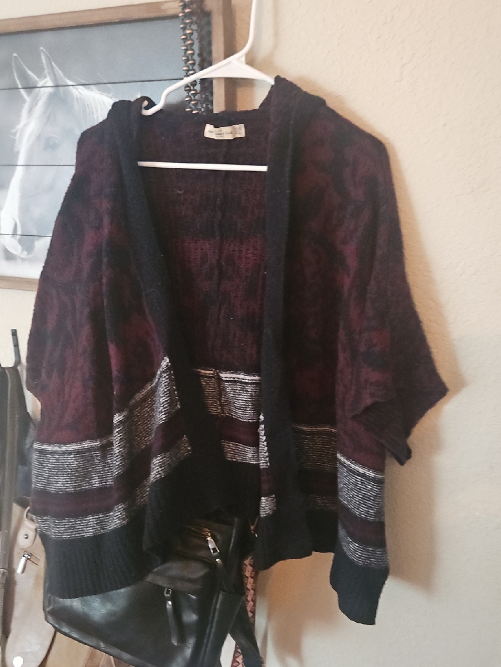 Abercrombie & Fitch Burgundy and Black Open-Front Cardigan with Silver Stripes